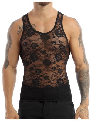 iEFiEL Black Men's Sissy See Through Sleeveless T-Shirt Undershirt Stretchy Floral Lace Tank Top
