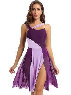 iEFiEL Women Adults Lyrical Modern Contemporary Dance Dress Sleeveless Mesh Shoulder Straps Leotard Dress 