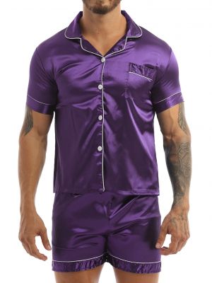 iEFiEL Mens Silky Satin Pajama Set Notch Collar Short Sleeves Button Down Shirt with Elastic Waist Boxer Shorts