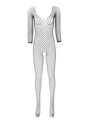 Women Hollow Out Fishnet Bodysuit Long Sleeves Crotchless Body Stocking
