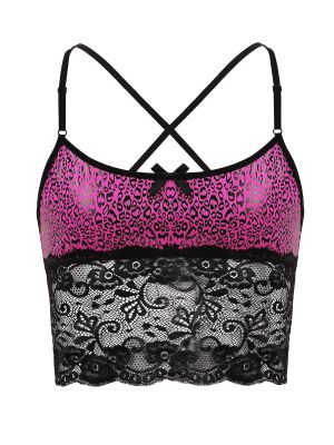iEFiEL Men Sissy Sexy Leopard Printed Camisole Adjustable Spaghetti Straps Lace Spliced Vest Crop Tops