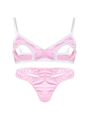 iEFiEL Pink Men Sissy Satin Lingerie Set Hollow Out Nipples Wire-free Bra Top with Low Rise Bikini Thong