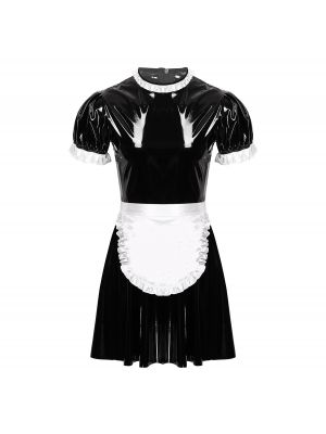 iEFiEL Men Sissy Maid Cosplay Costume Set Round Neck Short Puff Sleeve Wet Look Patent Leather Maid Servant Uniform Flared Dress with Apron