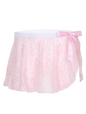 iEFiEL Men Sissy See Through Sheer Lace Lingerie Elastic Waistband Bowknot Mini Skirt