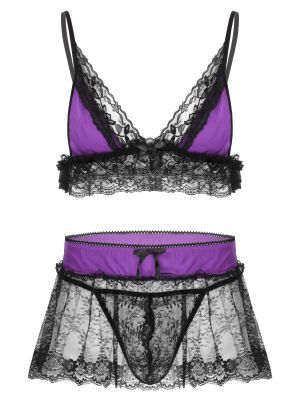 iEFiEL 3Pcs Men Sexy Lace Lingerie Set Bra Top with Miniskirt and G-string Briefs