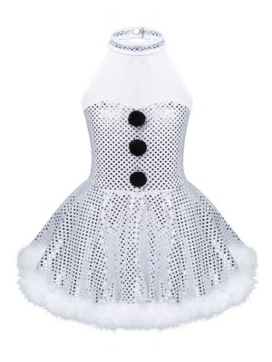 iEFiEL Kids Girls Christmas Snowman Costume Dancewear Caged Back Shiny Sequins Ice Skating Twirling Dress