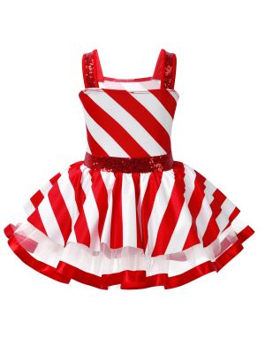 iEFiEL Kids Girls Christmas Dance Costume Sequins Striped Figure Ice Skating Roller Skating Baton Twirling Leotard Dress