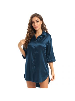 iEFiEL Dark Blue Women Satin 3/4 Sleeve Nightshirt Button Down Turn-Down Collar Nightgown Solid Color Sleepwear