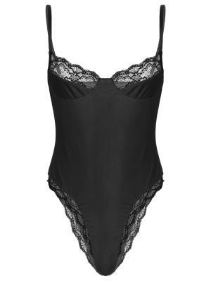 iEFiEL Black Men Sissy Lace Trimming Bodycon Bodysuit Unlined Wireless Bra Leotard Sleepwear Lingerie Underwear