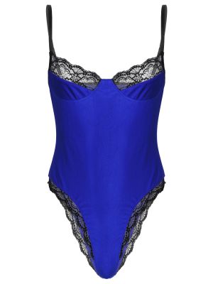 iEFiEL Royal Blue Men Sissy Lace Trimming Bodycon Bodysuit Unlined Wireless Bra Leotard Sleepwear Lingerie Underwear