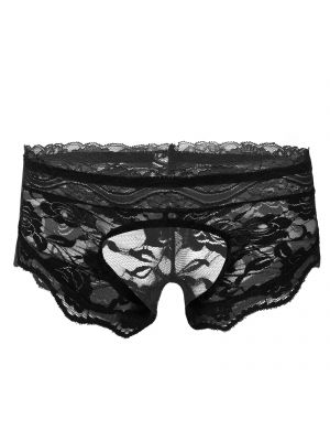 iEFiEL Black Men Sissy See-through Lace Crotchless Briefs Thong Elastic Waistband T-Back