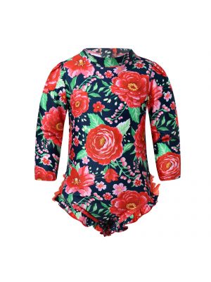 iEFiEL Red Infant Baby Girls One-piece Long Sleeves Floral Printed Back Zipper with Ruffled Swimsuit Swimwear Bathing Suit Rash Guard 