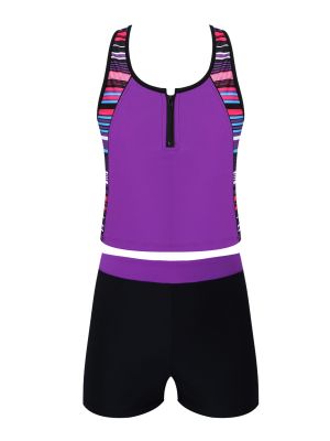 iEFiEL Girls Stripped 3-pc Bathing Suit Tankini Set Tank Top with Bikini Bottom Shorts Bikini Bottom Swimsuit Swimwear