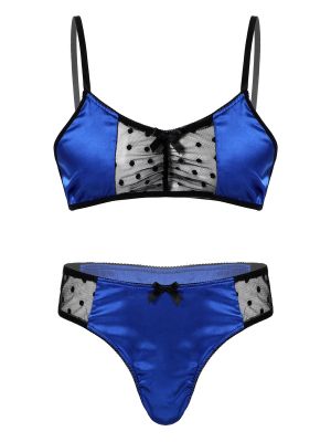 iEFiEL Blue Men Sissy Satin Lingerie Set Sheer Mesh Patchwork Nightwear Adjustable Bra Tops with Briefs Thongs