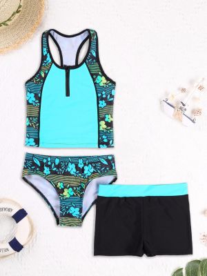 iEFiEL Girls Tankini Set Swimsuit 3 Piece Floral Print Racerback Swimwear Bathing Suit