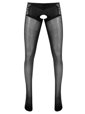 iEFiEL Mens Sissy Lace Patchwork Crotchless Pantyhose Sheer Stockings Stretchy Long Pants Leggings Sleepwear