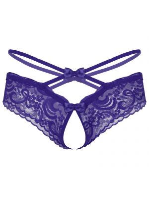 iEFiEL Purple Men Sissy See-through Lace Briefs Crotchless Bowknot Thong Low Waist T-back 