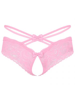 iEFiEL Pink Men Sissy See-through Lace Briefs Crotchless Bowknot Thong Low Waist T-back 