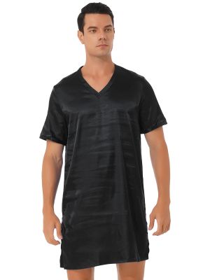 iEFiEL Men Satin Nightgown V Neck Sides Split Sleepwear Nightwear
