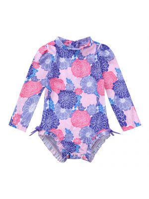 iEFiEL Purple Infant Baby Girls One-piece Floral Printed Back Zipper with Ruffled Swimsuit Swimwear Bathing Suit Rash Guard 