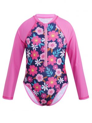 iEFiEL Kids Girls Long Sleeves Palm Printed Swimwear One-piece Zippered Jumpsuit Bathing Suit Rash Guard