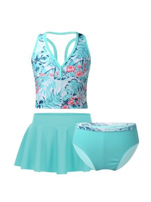 iEFiEL Mint Green 3PCS Kids Girls Tankini Swimsuit Digital Printed Swimwear Bathing Suit Set Tops with Bottoms Skirt