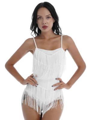 iEFiEL Womens Rhinestone Tassels Latin Dance Dress Dancer Entertainer Costume Backless Fringed Leotard Dresses