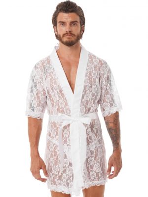 iEFiEL Mens Sissy See-Through Lace Night-Robe Short Sleeve Cardigan Bathrobe Nightwear Sleepwear with T-back Belt