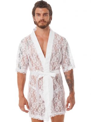 iEFiEL Mens Sissy See-Through Lace Night-Robe Short Sleeve Cardigan Bathrobe Nightwear Sleepwear with T-back Belt