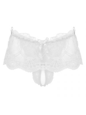 iEFiEL White Mens See-through Lace Crotchless Skirted Thong T-back Panties G-string Lingerie Underwear