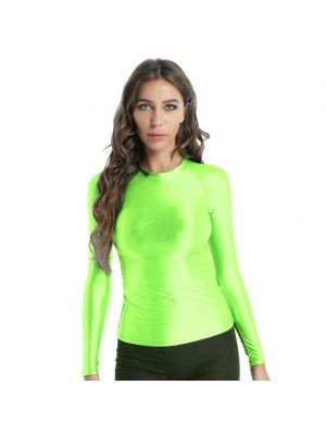 iEFiEL Womens Glossy Long Sleeve T-shirt Ladies Solid Color Slim Fit Tops for Yoga Running Fitness