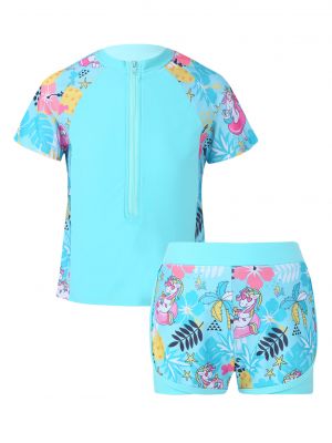 iEFiEL Girls Two Piece Stand Collar Short Sleeves Swimsuit Print Tops with Shorts Set Beach Swimming Bathing Suit