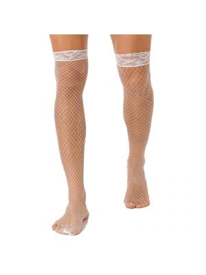 Men Sissy See-through Fishnet Lace Trim Hollow Out Thigh-highs Stockings
