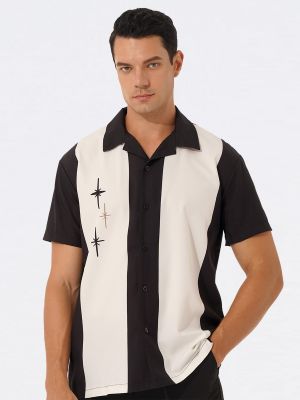 iEFiEL Men Loose Button Down Shirt Color Block Stylish Print Turn-Down Collar Short Sleeve Tops