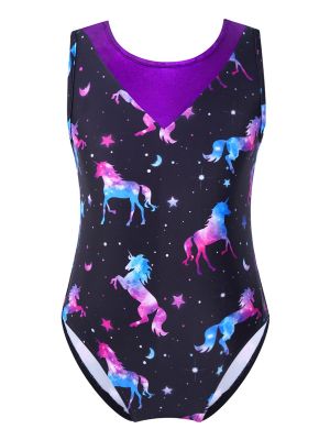 iEFiEL Girls V Neck Cartoon Print Ballet Dance Leotard Patchwork Design Gymnastic Jumpsuit Bodysuit