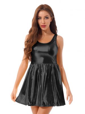 iEFiEL Womens Metallic U Neck Sleeveless Dress Shiny Ruffle Sundress Stage Dancing Show Costume