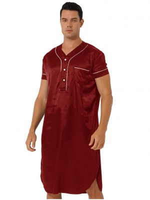 iEFiEL Mens Short Sleeves Satin Nightshirt  V Neck Button Curved Nightwear Night-robe with Pocket