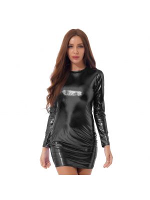 iEFiEL Womens Fashion Metallic Shiny Bodycon Dress Ladies Glitter O Neck Long Sleeve Pencil Dresses Party Clubwear