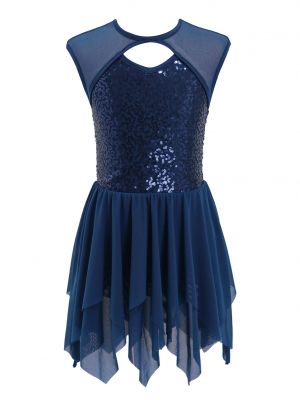 iEFiEL Girls Sleeveless Dance Dress Hollow Front Mesh Sequins Patchwork Backless Dress Dance Wear