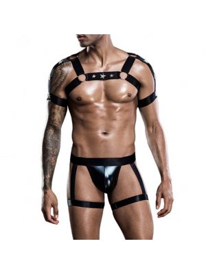 iEFiEL Mens Two-piece Lingerie Suit Body Chest Harness Belt Top with Faux Leather G-string Briefs