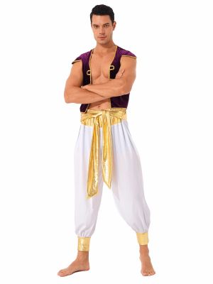 iEFiEL Men Arabian Prince Halloween Role Play Costume Fancy Dress Outfit Waistcoat with Bloomers Pants