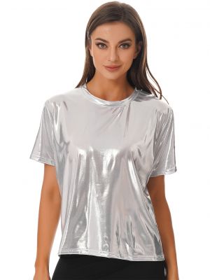 iEFiEL Womens Shiny Metallic Short Sleeve T-shirt Glossy Solid Color Tops for Dance Party Rave Festival