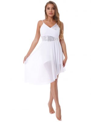 iEFiEL Womens Sparkly Sequin Asymmetrical Hem Dance Dress V Neck Pleated Front Performance Costume