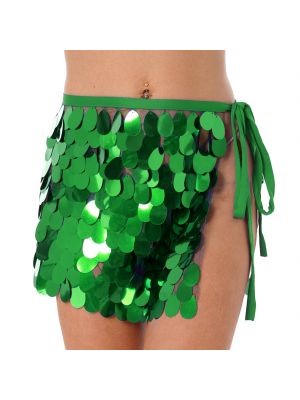 iEFiEL Womens Shiny Sequined Tassel Skirt Hip Scarf Miniskirt Belly Dance Stage Performance Costume
