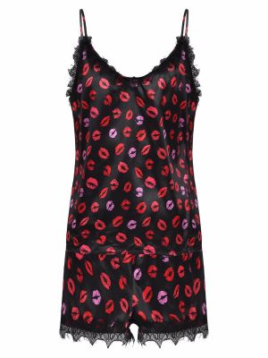 iEFiEL Men Sissy Lips Printing Two-piece Pajamas Lace Trim Sleepwear Nightwear