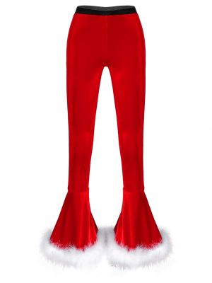 iEFiEL Women Christmas Faux Fur Adorned Flared Pants Elastic Waistband Velvet Bell Bottoms