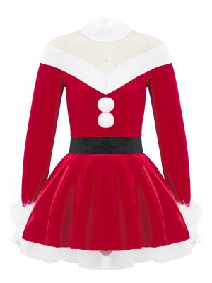 iEFiEL Kids Girls Long Sleeves Christmas Dance Dress Stand Collar Pompoms Adorned Velvet Bodysuit Dress Costume
