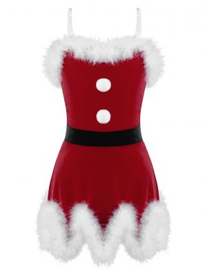 iEFiEL Girls Christmas Costume Velvet Invisible Straps Cami Dress with Pompoms Adorned Irregular Hem 
