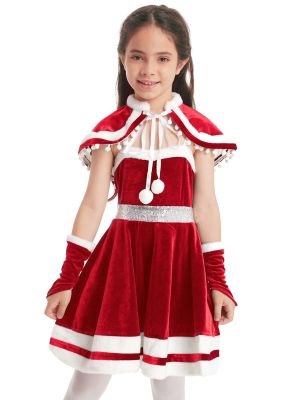iEFiEL Kids Girls Velvet Christmas Dress Costume Adjustable Straps Sequins Cami Dress with Cloak Arm Sleeves Set