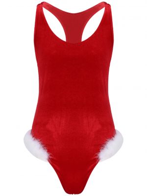 iEFiEL Men Sissy Sleeveless Velvet Leotard Sleepwear Christmas Feather Trimming Bodysuit Lingerie 